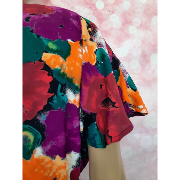 Vintage 80s Carole Little Floral Flutter Sleeve Top Size L Rayon Crepe Faux Wrap - Picture 8 of 11